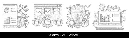 SEO, Suchmaschinenoptimierung Low-Poly-Design. Smartphone, Laptop, Browser-Registerkarte, Glühlampe, Getriebe, Tachometer, statistische Daten polygonaler Vektor il Stock Vektor