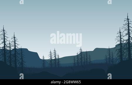Eine fantastische Aussicht auf die Berge mit trockenen Baumsilhouetten von außerhalb der Stadt am Morgen. Vektordarstellung einer Stadt Stock Vektor