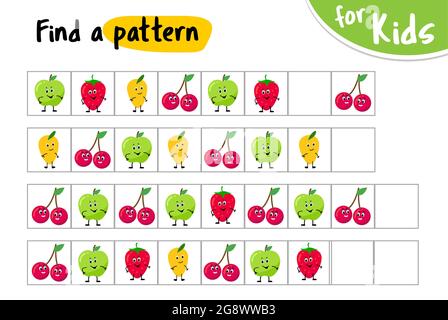 Suchen Sie ein Muster. Setzen Sie die Sequenz. Kinder-Spiel. Pädagogisches Spiel für kleine Kinder. Stock Vektor