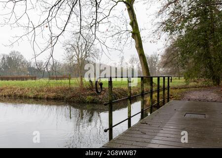 Ein Park mit Wasser, Bäumen und viel Grün im Herbst Stockfoto