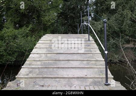 Eine Holzbrücke in einem Wald verlängert den Weg zwischen den Bäumen. Mit einem Eisengeländer für mehr Sicherheit Stockfoto