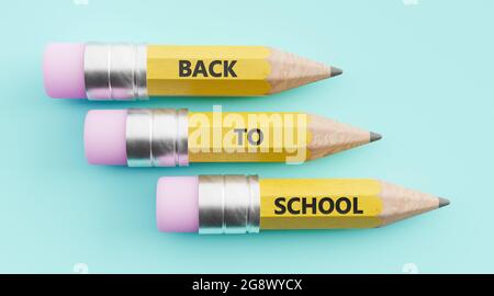Gelbe Bleistifte aufgereiht mit den Worten zurück zur Schule geschnitzt auf sie. 3d-Rendering