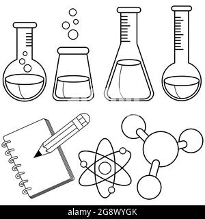 Wissenschaft und Chemie. Schulausrüstung für Wissenschaft, Biologie oder Chemie. Reagenzgläser und Notizbuch für Studenten-Wissenschaftsprojekt Stockfoto