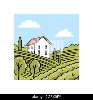 Weinberge Felder und Villa. Italienische Landschaft. Weinetikett. Vektordarstellung Stock Vektor