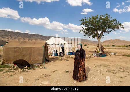 Nomadische Frau aus Qashqai-Nomaden auf dem Land von Firuzabad, Iran Stockfoto