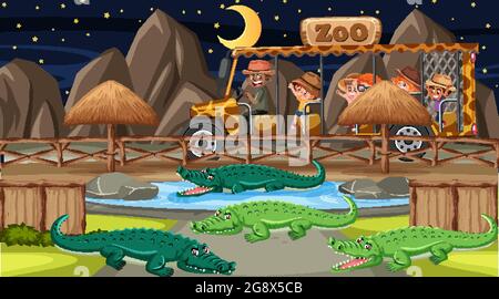 Safari in der Nacht Szene mit vielen Kindern beobachten Alligatorengruppe Illustration Stock Vektor
