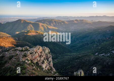 Landschaft mit felsigen Bergen bedeckt mit Bäumen am Morgen, mediterraner Wald in Spanien Stockfoto