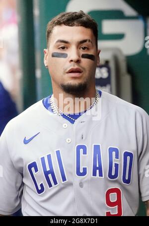 St. Louis, Usa. Juli 2021. Chicago Cubs Javier Baez geht am Donnerstag, den 22. Juli 2021, während eines Spiels gegen die St. Louis Cardinals im Busch Stadium in St. Louis den Dugout durch. Foto von Bill Greenblatt/UPI Credit: UPI/Alamy Live News Stockfoto