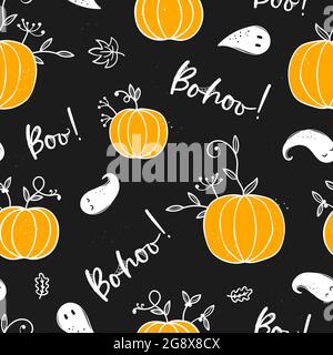 Niedliche handgezeichnete Kürbisse nahtloses Muster, schöner Doodle Hintergrund, ideal für Halloween-Textilien, Banner, Tapeten, Verpackung - Vektor-Design Stock Vektor