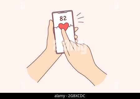 Digitale Geräte zur Überprüfung des Gesundheitskonzepts. Menschliche Hand hält digitales Gerät registriert Herzschlag auf Handy-Bildschirm Überwachung Gesundheitszustand Vektor-Illustration Stock Vektor
