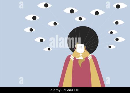 Die konzeptuelle Illustration des Mobiltelefons einer Person wird von Augen, die von ihm umgeben sind, ausspioniert Stock Vektor