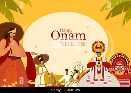 Onam Festival Hintergrund mit König Mahabali und traditionellen Kunstformen. Onam ist ein Erntefest in Kerala, Indien Stock Vektor