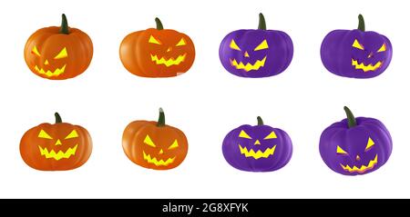 Set Halloween Kürbisse orange und lila mit Lichtern in den Augen auf weißem Hintergrund. 3d-Rendering. Stockfoto