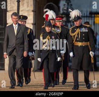 London, Großbritannien. 22. Juli 2021. HRH die Prinzessin Royal, Oberst der Blues und Royals, kommt am letzten Abend des Schwertes und der Krone an Stockfoto