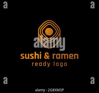 Goldenes Sushi- und Ramen-Bar-Logo auf schwarzem Hintergrund Stock Vektor