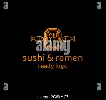 Goldenes Sushi- und Ramen-Bar-Logo auf schwarzem Hintergrund Stock Vektor