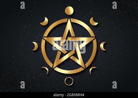 Gold Pentacle Kreis Symbol und Phasen des Mondes. Wiccan-Symbol, Vollmond, abnehmend, wachsend, erstes Quartal, Gibbous, Halbmond, drittes Quartal. Vektor Stock Vektor