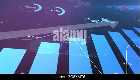 Bild von blauen Kreuzen über der Datenverarbeitung auf Diagrammen und Finanzschnittstellen Stockfoto