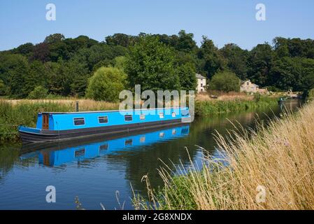 Farbenfrohe Schmalboot auf dem Fluss Lea Navigation im Sommer, östlich von Hertford, Hertfordshire, Südengland Stockfoto