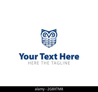 Eule-stilisierte lineare Zeichnung in Blau und Grau. Bereit-Logo Stock Vektor