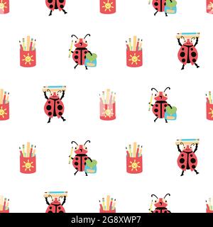 Marienkäfer zurück zur Schule Vektor nahtlose Muster Hintergrund. Fun Cartoon kawaii Marienkäfer Figuren mit Rucksäcken, Bleistift Caddy, Lineale auf weiß Stock Vektor