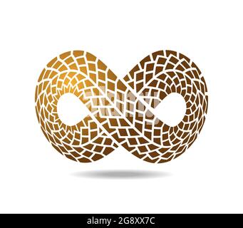 Goldene Mobius-Schlaufe aus goldener Reifenspur. Befindet sich auf der Kugel. Schlangenhaut. Endlosschleife. Straßenkreuzung Stock Vektor