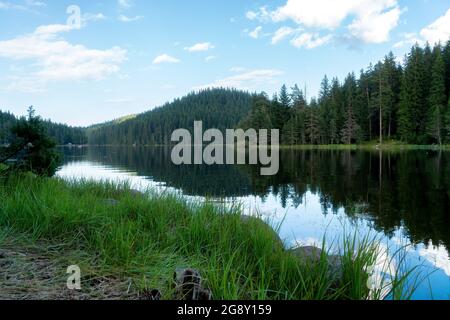 See- und Berglandschaft mit Wald- und Himmelsreflexionen, Shiroka Polyana-Staudamm Stockfoto