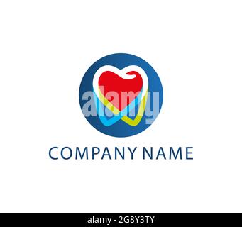 Farbenfroher Zahn mit rotem Herz im Inneren. Bereit-Logo Stock Vektor