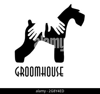 Logo eines Groomhouse. Die Silhouette des Hundes mit menschlichen Handflächen Stock Vektor