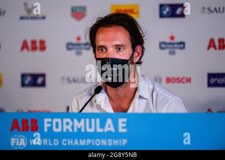 London, Großbritannien. Juli 2021. Jean-Eric Vergne (DS TECHEETAH) bei der Pressekonferenz vor dem Heineken London E-Prix 2021 auf dem Excel Circuit am Freitag, den 23. Juli 2021 in LONDON, ENGLAND. Kredit: Taka G Wu/Alamy Live Nachrichten Stockfoto