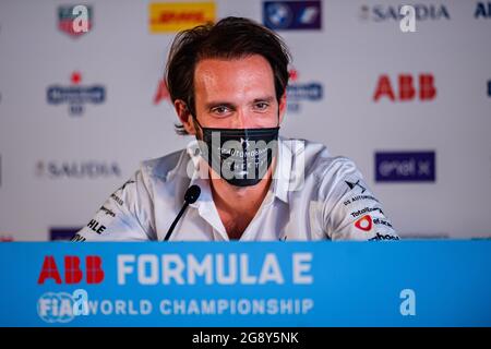 London, Großbritannien. Juli 2021. Jean-Eric Vergne (DS TECHEETAH) bei der Pressekonferenz vor dem Heineken London E-Prix 2021 auf dem Excel Circuit am Freitag, den 23. Juli 2021 in LONDON, ENGLAND. Kredit: Taka G Wu/Alamy Live Nachrichten Stockfoto