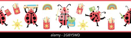 Marienkäfer zurück zur Schule Vektor nahtlose Grenze. Fun Cartoon Banner kawaii Marienkäfer Charaktere mit Rückseiten, Bleistifte, Hefte. Bildung Stock Vektor