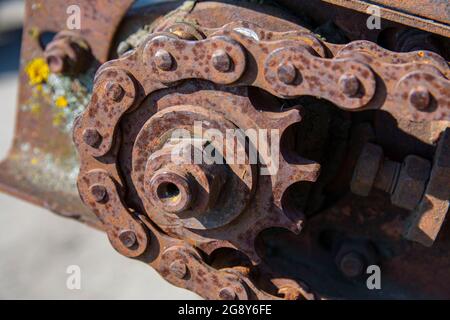 Rostige Details von alten verlassenen Autos. Zahnräder, Ketten, Riemenscheiben rosten im offenen Bereich. Moosbedeckte Metallteile von Landmaschinen. Stockfoto