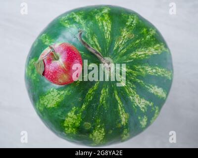 Kleiner winziger roter Apfel mit einem Blatt auf einer großen Wassermelone. Synonyme Konzept. Stockfoto