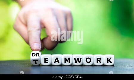 Würfel bilden die Worte Teamwork und Traumarbeit. Stockfoto