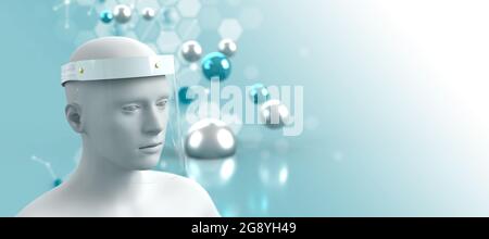 3D-Rendering, Hintergrundbild mit hellblauen Farbtönen und einer Schaufensterpuppe, die einen nicht gebrandeten Gesichtsschutz mit einer unfokussieren Szene mit Sechsecken trägt Stockfoto