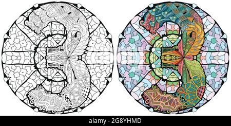 Handgemaltes Kunstdesign. Illustration Mandala mit numero drei. Farbig und umrandet Stock Vektor