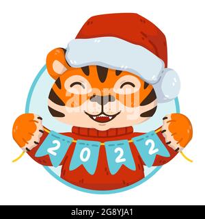 Weihnachtstiger-Charakter mit Party-Feiertagsflaggen 2022 Schriftzug. Chinesisches Symbol des neuen Jahres in Weihnachtsmütze, Pullover und mit buntierender Fahne. Niedliche Vect Stock Vektor