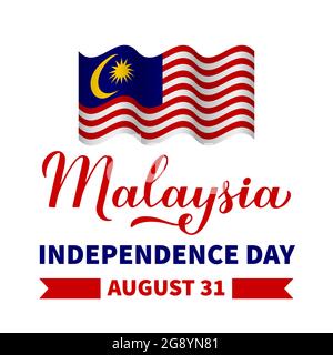 Malaysia Independence Day Kalligraphie Handschriftzug mit malaysischer Flagge. Nationalfeiertag am 31. August. Vektorvorlage für Typografie Pos. Stock Vektor