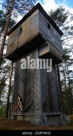 Ungewöhnliches Turmhaus im Wald. Ausgefallene Domus für Singleton, und Aussichtsturm (Krähennest) Stockfoto