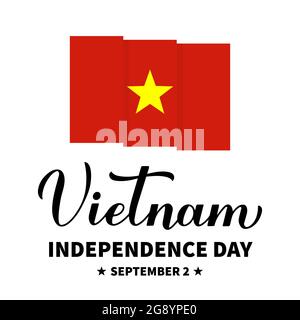 Vietnam Independence Day Kalligraphie Handschriftzug mit Flagge. Vietnamesischer Nationalfeiertag am 2. September. Vektorvorlage für Typografie p Stock Vektor