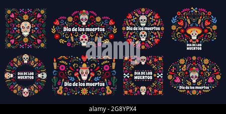 Banner von Dia de Los Muertos. Tag der Toten mexikanischen Zucker menschlichen Kopf Knochen und Blumen Vektor Hintergrund gesetzt. Mexikanische Tageskarten Stock Vektor