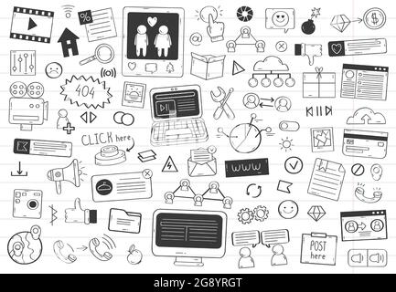 Social-Media-Doodle-Elemente. Netzwerk handgezeichnete Social-Media-Symbole isoliert Vektor-Illustration gesetzt. Social Network skizzieren Doodle-Symbole Stock Vektor