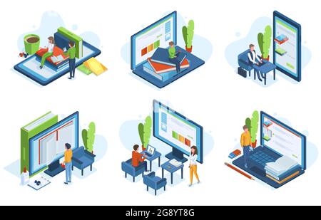 Isometrische Menschen Online-Bildung. Fernunterricht, 3d-Zeichen lernen online auf Computerbildschirmen Vektor-Illustration-Set. Online-Schulungen Stock Vektor