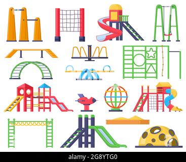 Kinder Schaukeln, Leitern, Rutsche im Freien Spaß Spielplatz. Kinder Erholung Park Karussell und Sandbox Vektor Illustration Set. Kinderspielplatz Stock Vektor