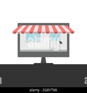 E-Commerce, Online-Shopping-Konzept. Computerbildschirm mit gestreifter Markise im Shop. Stock Vektor