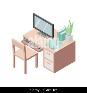 Satz von Tischmöbeln. Stuhl, Tisch, Computer, Tastatur, Bücher, Regal und Anlage. Isometrischer Zeichnungsvektor. Stock Vektor