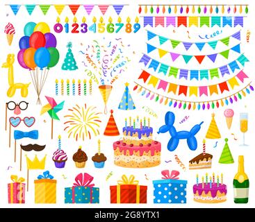 Cartoon Geburtstagsfeier Feier Ballons, Kuchen und Geschenke. Karneval Party Dekorationen, Süßigkeiten und Kerzen Vektor Illustration Set. Geburtstag Stock Vektor