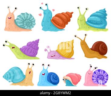 Cartoon-Schnecke. Garten Schnecken Maskottchen, niedliche kleine Gastropoden in bunten Schneckenschalen Cartoon Vektor Illustration Set. Niedliche Weichtiere Stock Vektor