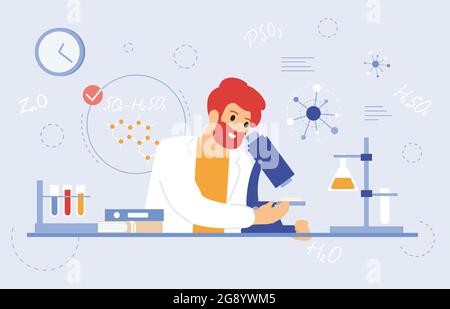 Wissenschaftler arbeiten mit dem Mikroskop. Medizinische Laborarbeiter, wissenschaftlicher Forscher mit Laborgeräten Vektor-Illustration. Labor Stock Vektor